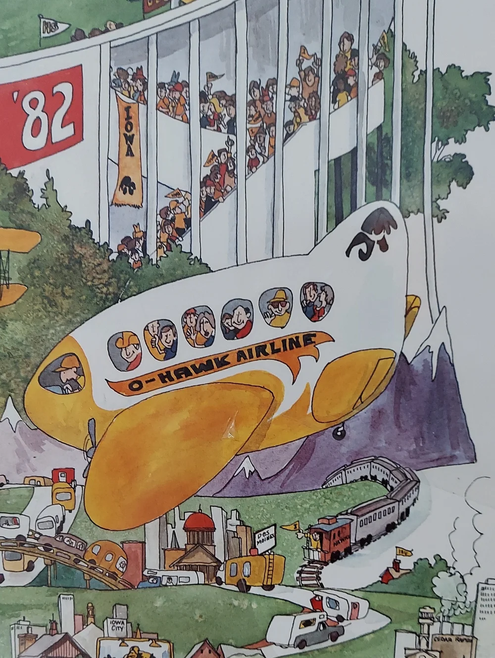 Iowa Hawkeyes Rose Bowl 82 Poster Illustrated Stadium Scene by John Holladay Vtg